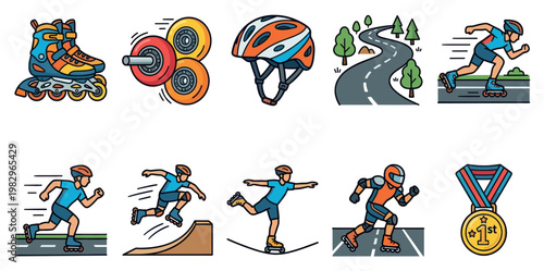 A collection of cartoon-style illustrations depicting various rollerblading activities, equipment, and achievements, showcasing speed, stunts, and victory in vibrant colors.