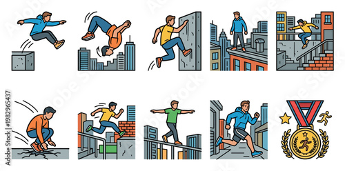 Dynamic illustration of a parkour athlete performing various acrobatic moves and jumps in a stylized urban cityscape.