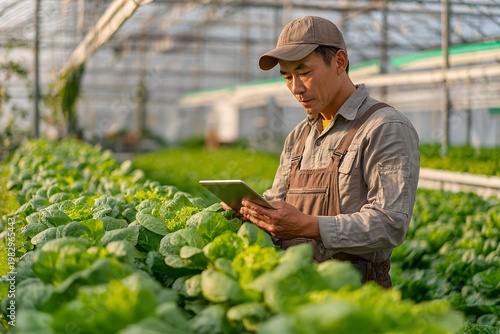 Asian farmer using a digital tablet to monitor crops in a greenhouse