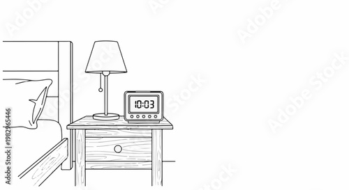 A bedroom scene featuring a bed, nightstand, lamp, and digital clock