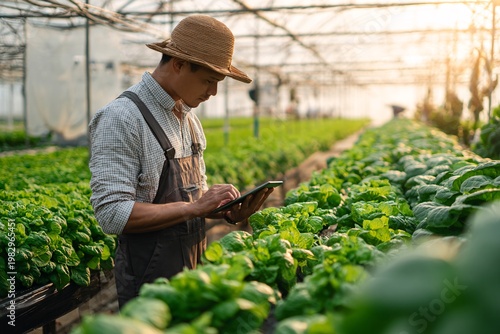 Farmer using a digital tablet to monitor crops in a modern greenhouse