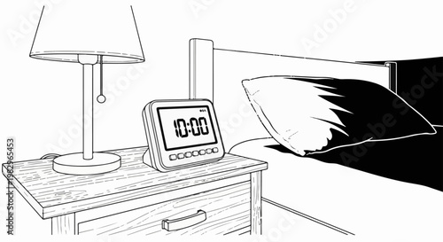 A bedside table holds a lamp and an alarm clock showing 1000, next to a bed