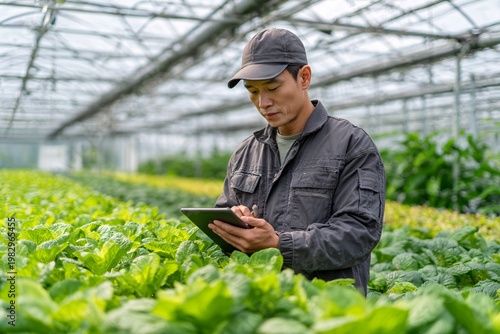 Asian farmer using a digital tablet to monitor crops in a greenhouse