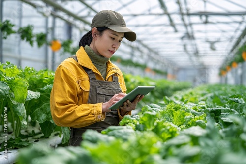 Young female farmer using a tablet to monitor crops in a greenhouse