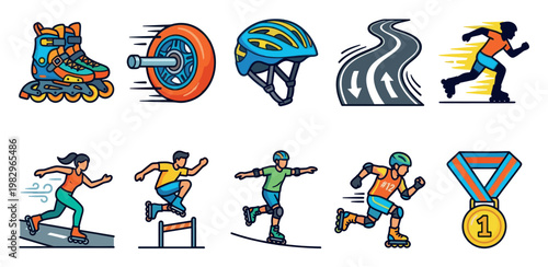 This vibrant illustration features a collection of stylized icons representing rollerblading and sports, including skates, helmets, a track, and athletes in action, conveying speed and competition.