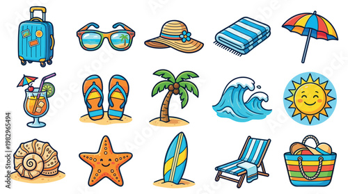 A collection of cartoon-style summer icons, including a suitcase, sunglasses, hat, towel, umbrella, cocktail, flip-flops, palm tree, wave, sun, seashell, starfish, surfboard, lounge chair.