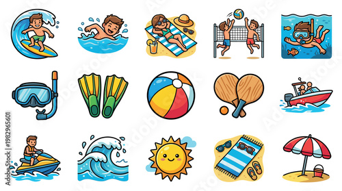 A vibrant and cheerful collection of cartoon illustrations depicts various summer beach activities and elements, perfect for conveying fun and relaxation.