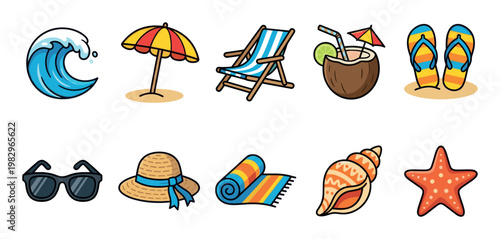 A collection of cheerful, flat-designed summer icons depicting beach vacation essentials like a wave, umbrella, lounge chair, coconut drink, flip-flops, sunglasses, straw hat, rolled towel, seashell.