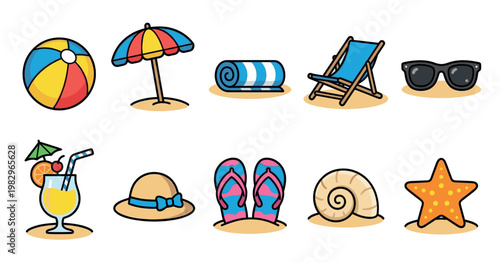 A collection of colorful flat design illustrations of beach and vacation icons including a beach ball, umbrella, towel, chair, sunglasses, cocktail, hat, flip-flops, shell and starfish.