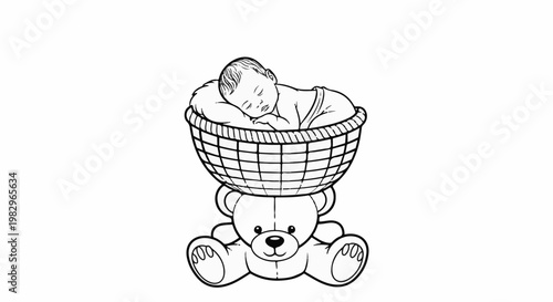 A baby sleeps peacefully in a woven basket balanced on a teddy bear