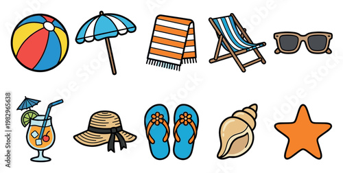 A collection of colorful, cartoon-style beach vacation icons including a beach ball, umbrella, towel, sunglasses, cocktail, hat, flip-flops, shell, and starfish.