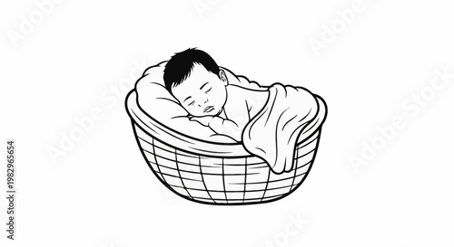 A baby peacefully slumbers in a woven basket, covered by a blanket