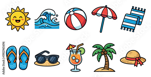 A collection of cheerful, cartoon-style icons representing summer beach elements including a smiling sun, wave, beach ball, umbrella, towel, flip-flops, sunglasses, cocktail, palm tree, and hat.