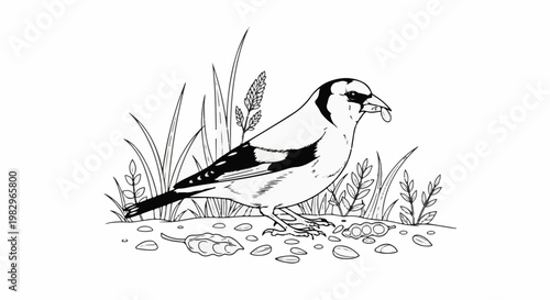 A black and white illustration of a bird with seeds