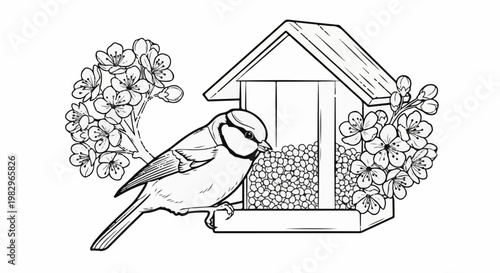 A black and white illustration of a bird at a bird feeder with flowers
