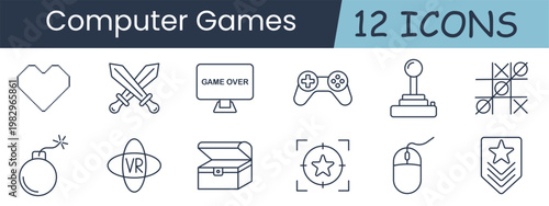 Computer games set icon. Heart life, swords, game over screen, controller, joystick, tic tac toe, bomb, vr headset, treasure chest, target aim, mouse, rank badge.
