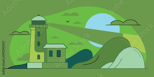 Minimalist flat design illustration of a coastal lighthouse landscape with green hills and a flying bird