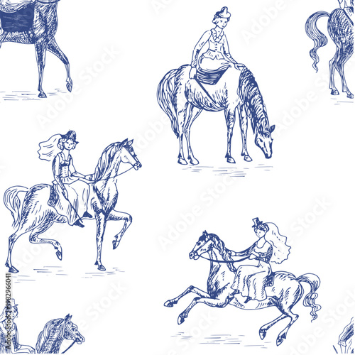 Woman on a horse, rider on horseback, toile de Jouy blue  pattern for wallpaper, textile.