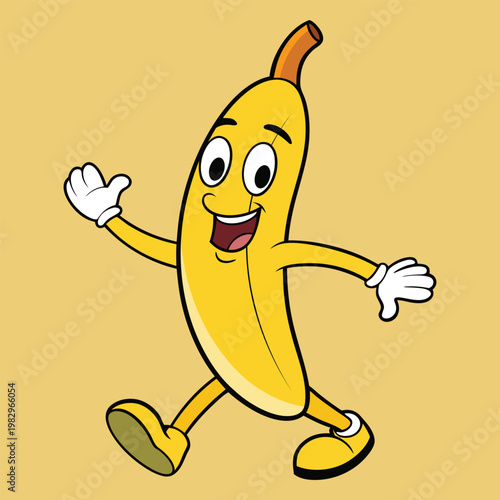 A happy yellow cartoon banana character with a funny smile and peel is a healthy fruit illustration isolated as a 3d vector clipart drawing for a comic food icon