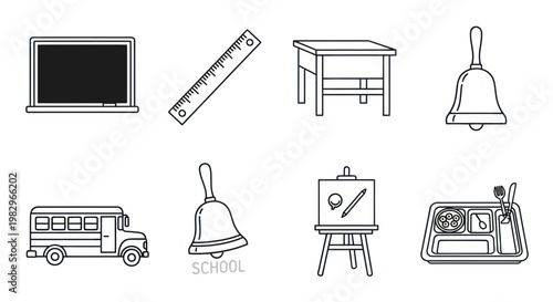 School Icons: Laptop, Ruler, Desk, Bell, Bus, Easel, Tray