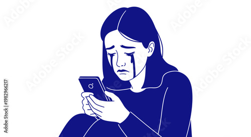 Upset girl crying while looking at smartphone screen, isolation, sadness