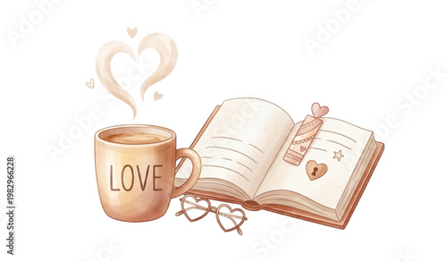 Cozy morning coffee with open book and heart steam watercolor romantic vector illustration
