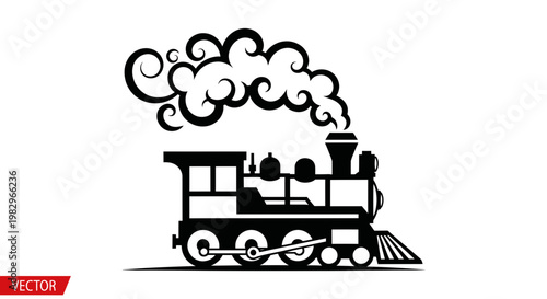 Vintage Steam Locomotive Silhouette with Swirling Smoke
