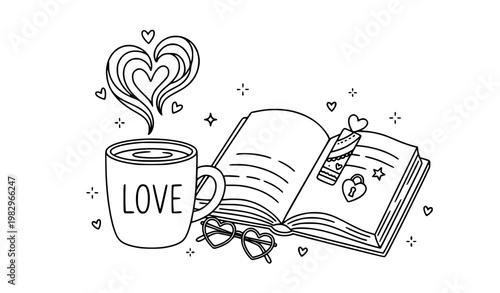 Minimal coffee and open book with heart steam black outline romantic reading vector icon