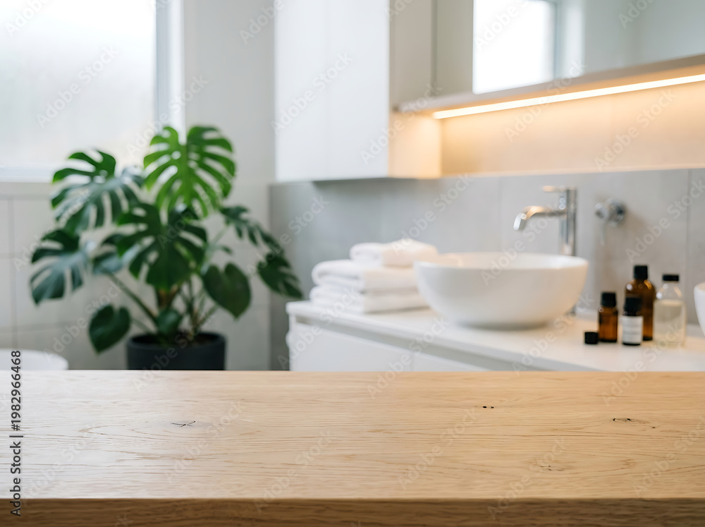 Fototapeta premium Wooden bathroom vanity countertop with blurred modern interior and green plant