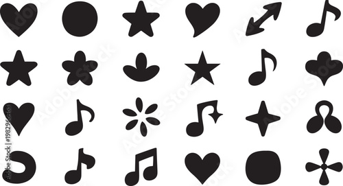 Black ink hand-drawn heart, star, music note, and other symbols on white background, heart symbol