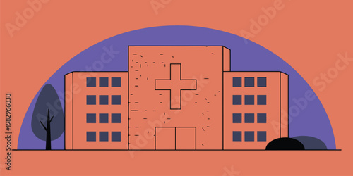 Modern flat style illustration of a hospital building with medical cross and green trees in front