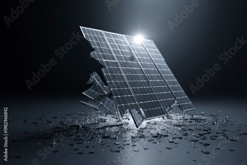 Broken solar panels with electric impact and fragments symbolizing renewable energy failure, instability, risk, damage and system disruption.