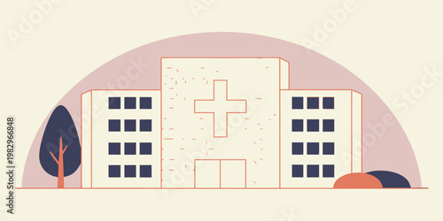 Modern flat design illustration of a hospital building with healthcare cross symbol and green trees