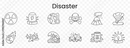 Disaster set icon. Outline catastrophe symbols, radiation sign, shaking globe, heat thermometer, skull bones, volcano eruption, tornado, meteor impact, airplane crash, flood wave, car collision