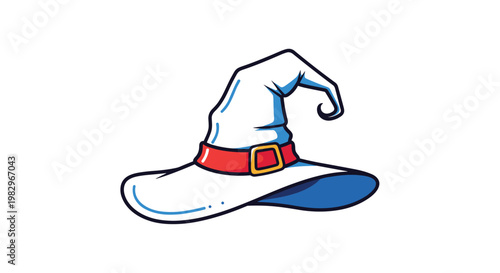 Pointy white wizard hat featuring a red band and a golden buckle isolated on a clean white background for fantasy illustrations.