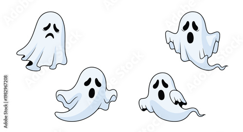 Collection of four cartoon ghosts with sad and worried expressions floating on a white background for halloween decorations.