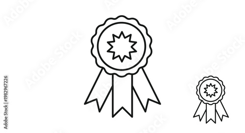 Simple black and white outline of an award ribbon medal with a starburst center icon for recognition and victory concepts.