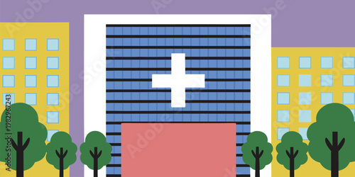 Flat Design Illustration Of A Modern Hospital Building With A Medical Cross In An Urban Setting