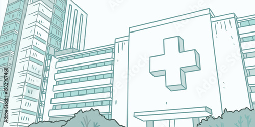 Stylized modern hospital building with a medical cross symbol against a city skyline urban background illustration