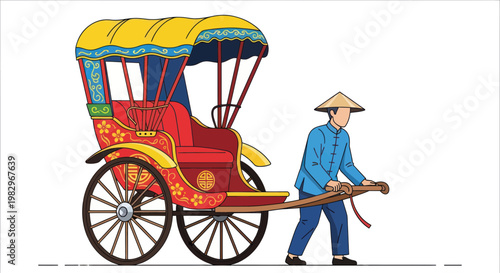 Traditional Rickshaw Puller Transporting Passenger in Asian Country