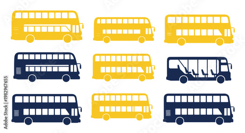 Collection of Yellow and Blue Double Decker Buses in Flat Design