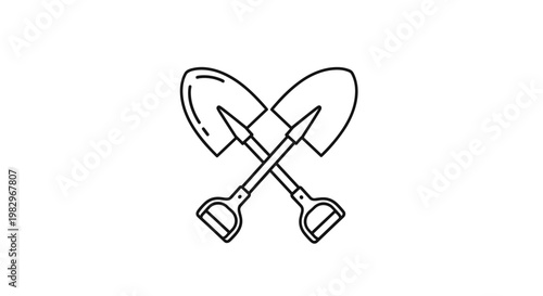 Crossed garden shovels icon shown in a minimal black outline style suitable for landscaping company branding or gardening project illustrations.