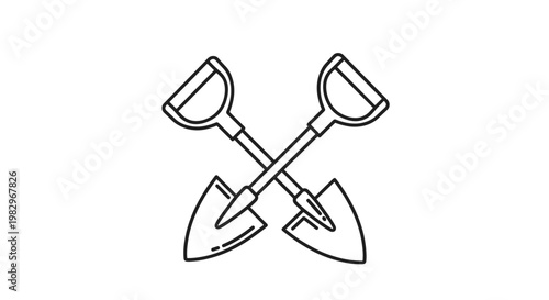Two crossed shovels represented with a bold black outline providing a clean icon for landscaping services, gardening apps, or construction tools.