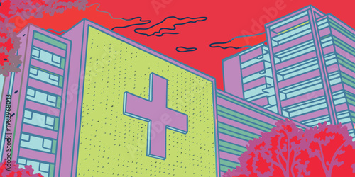 Bold graphic illustration of a modern hospital building in a vibrant urban city landscape at sunset