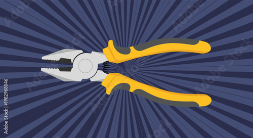 Pliers hand tool with yellow and grey handles placed on a dark blue sunburst background creating a dynamic and professional hardware illustration.