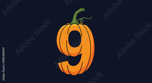 Creative orange pumpkin carved into the shape of the number nine set against a solid dark blue background for a unique halloween countdown.