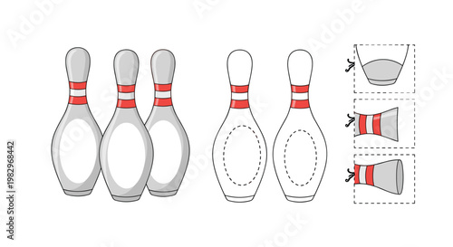 Bowling themed tracing activity for children with three full pins and partial pin sections for practice and coloring in a sports worksheet.