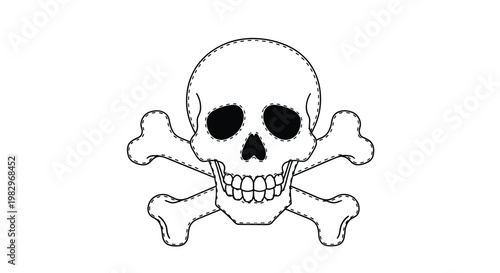 Skull and crossbones outline with dashed lines for tracing and coloring providing a pirate or halloween themed activity for young children.