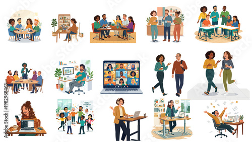 Joyful Workplace Moments — Diverse Team Sharing Laughter in Modern Office, Video Call, and Remote Work Scenes