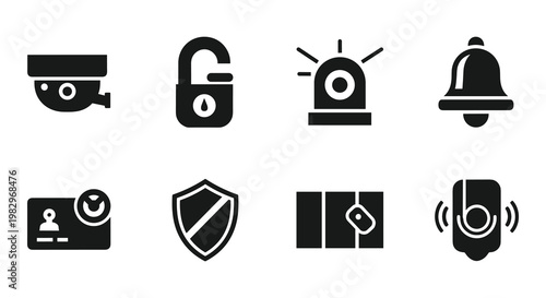 Security and surveillance system icons including cameras and alarm sensors set against a solid white backdrop for protection.